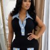 Combishort polo denim noir femme