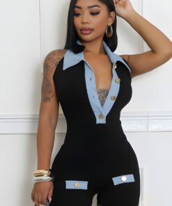 Combishort polo denim noir et bleu femme