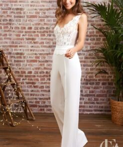 Combinaison bi-matière blanche dentelle haut pantalon uni