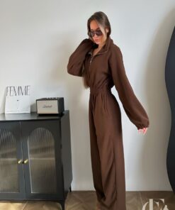Combinaison chocolat capuche zippée manches oversize
