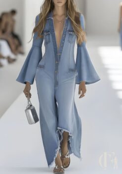 Combinaison jean manches cloche bas effiloché