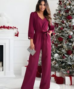 Combinaison bordeaux col V manches bouffantes pantalon fluide