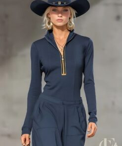 Combinaison western bleu marine col zippé doré