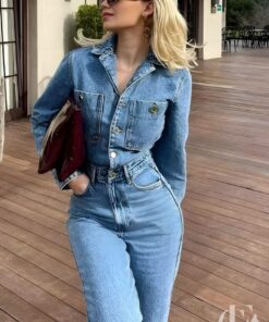 Combinaison Y2K jean bleu col rabattu streetwear