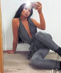 Combinaison argentée brillante col V profond jambes slim soirée