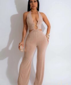 Combinaison dos nu beige anneau doré pantalon palazzo évasé