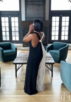 Combinaison soirée bicolore noir blanc dos nu bretelles croisées