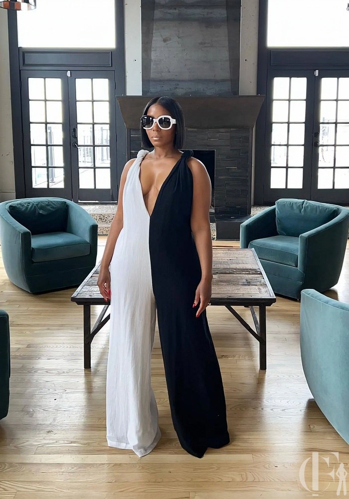 Combinaison bicolore noir blanc col V bretelles larges dos nu