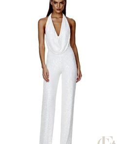 Combinaison blanche paillettes argentées col halter décolleté V