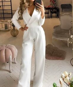 Combinaison soirée blanche satinée décolleté cache-cœur ceinture taille