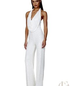 Combinaison argentée sequins dos nu col V pantalon large