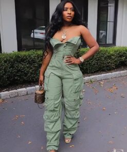 Combinaison cargo vert kaki bustier taille haute poches multiples