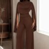 Combinaison chocolat col haut manches kimono pantalon fluide