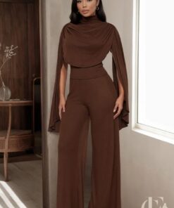 Combinaison chocolat col haut manches kimono pantalon fluide