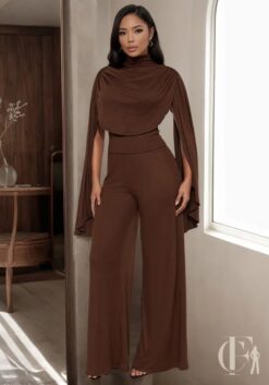 Combinaison chocolat col haut manches kimono pantalon fluide