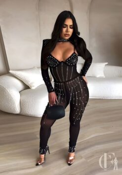 Combinaison soirée noire transparente dentelle manches longues