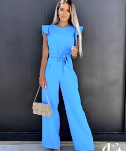 Combinaison col rond manches papillon nœuds pantalon large soirée