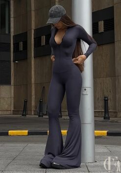 Combinaison rétro grise évasée col cache-cœur style vintage