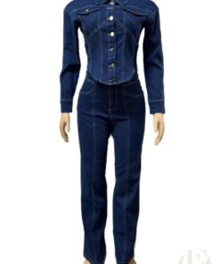 Combinaison denim brut boutonnée manches longues pantalon évasé