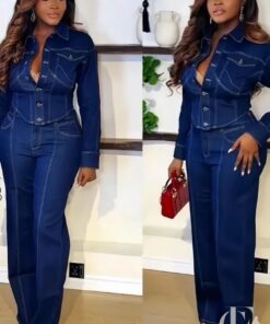 Combinaison denim brut col revers manches longues pantalon flare