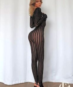 Combinaison dentelle noire ajourée col rond manches longues ajustée