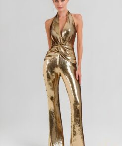 Combinaison pantalon évasé noire détails dorés