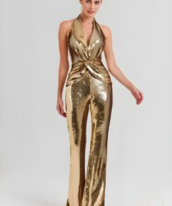 Combinaison pantalon évasé noire détails dorés