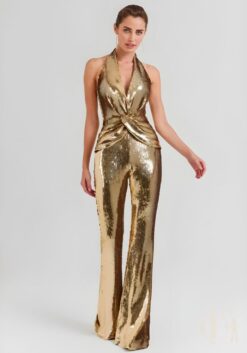 Combinaison pantalon évasé noire détails dorés