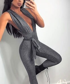 Combinaison soirée grise scintillante décolleté plongeant dos nu ceinture