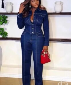 Combinaison jean bleu col chemise jambes évasées casual chic