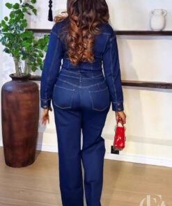Combinaison jean bleu foncé col chemise jambes larges