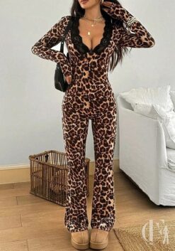 Combinaison léopard transparente dentelle noire pattes évasées soirée