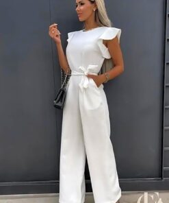 Combinaison manches volants ceinturée pantalon palazzo chic femme