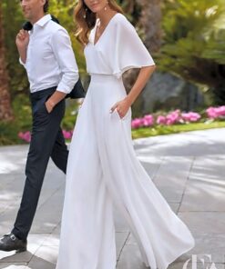 Combinaison mariage blanche col V cape pantalon fluide