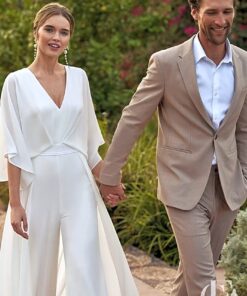 Combinaison blanche mariage cape fluide pantalon palazzo femme