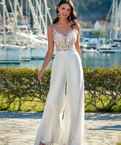 Combinaison blanche bustier transparent dentelle florale jambes larges