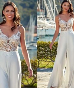 Combinaison mariage bustier dentelle transparent jambes larges fluides