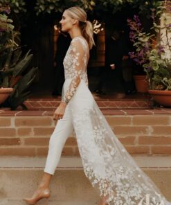 Combinaison mariage dentelle florale dos nu blanc