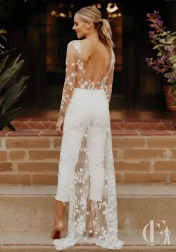 Combinaison mariage dentelle florale dos nu blanc