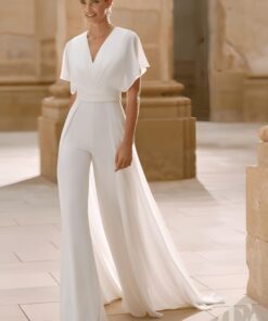 Combinaison mariée blanche manches courtes col V pantalon