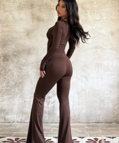 Combinaison marron chocolat col zip jambes évasées soirée