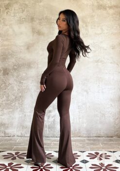 Combinaison marron chocolat col zip jambes évasées soirée