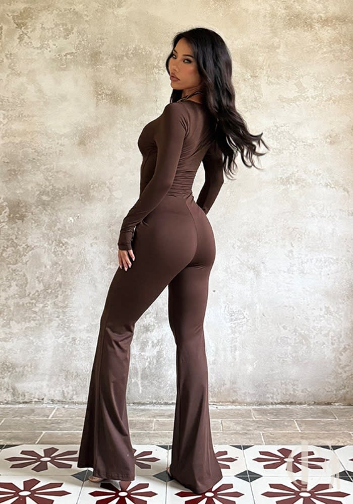 Combinaison marron chocolat col zip jambes évasées soirée