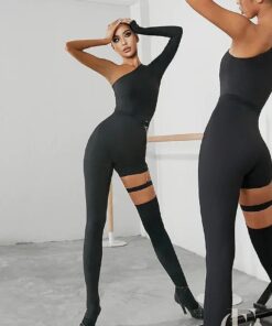Combinaison noire asymétrique une épaule découpe garter manche longue