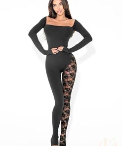 Combinaison noire col bardot dentelle florale pantalon fluide