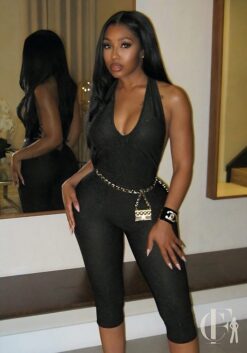Combinaison noire col V profond bretelles larges glamour
