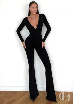 Combinaison noire col V profond manches longues jambes évasées