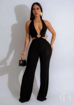 Combinaison dos nu noire anneau doré décolleté V palazzo