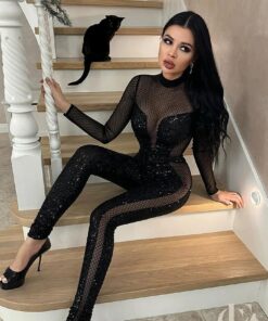 Combinaison sexy noire maille transparente paillettes manches longues