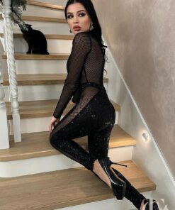 Combinaison sexy noire maille transparente paillettes dos découvert